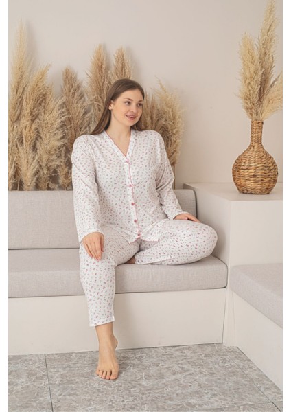 X-Dreamy Büyük Beden Pamuklu Çiçekli Önden Düğmeli Pijama Takımı fırsatları