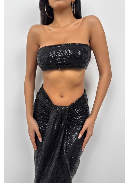 Payetli Straplez Crop Etek Takım
