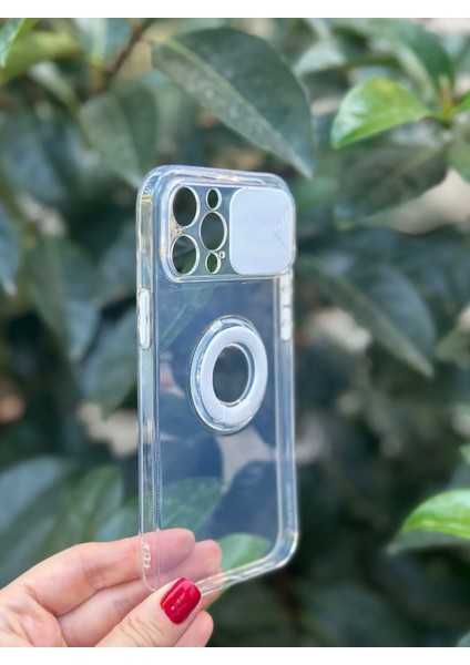 iPhone 12 Pro Max Şeffaf Ve Beyaz Detaylı Kamera Koruyuculu Ve Yüzüklü Silikon Kılıf