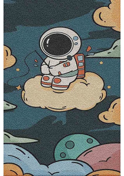 Astronot ve Bulut Desenli Dijital Baskı Cocuk HALISI_100 x 150 cm
