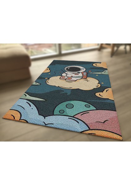 Astronot ve Bulut Desenli Dijital Baskı Cocuk HALISI_100 x 150 cm