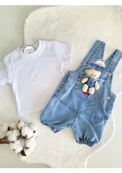 Kız Erkek Bebek Jean Kot Salopet Tulum 2li Set Takım Ayıcık Oyuncaklı Denim Yazlık