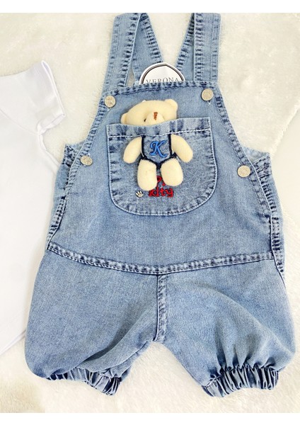 Kız Erkek Bebek Jean Kot Salopet Tulum 2li Set Takım Ayıcık Oyuncaklı Denim Yazlık modelleri