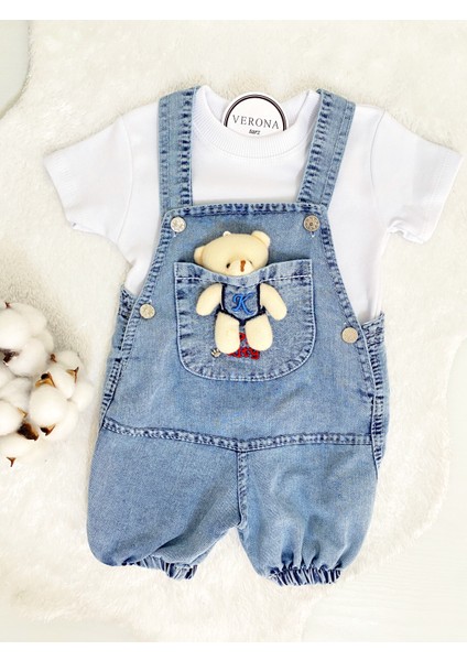 Kız Erkek Bebek Jean Kot Salopet Tulum 2li Set Takım Ayıcık Oyuncaklı Denim Yazlık fırsatları
