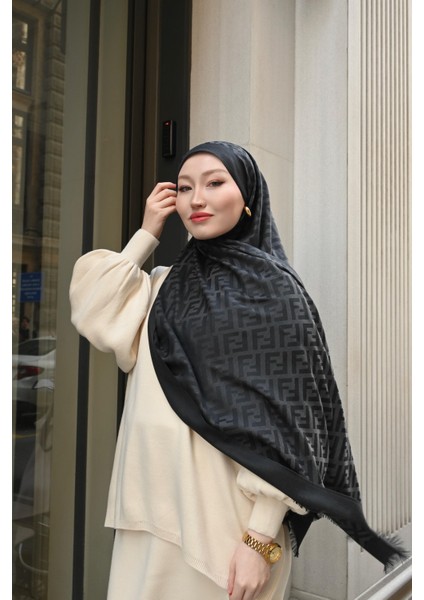 Yün Ipek F Desen Şal - Siyah