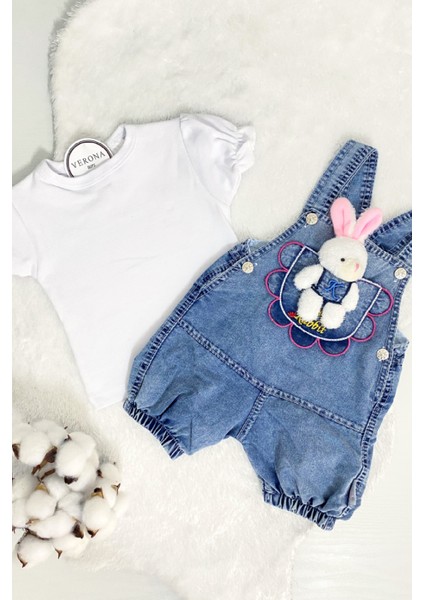 Kız Erkek Bebek Jean Kot Salopet Tulum 2li Set Takım Ayıcık Oyuncaklı Denim Yazlık