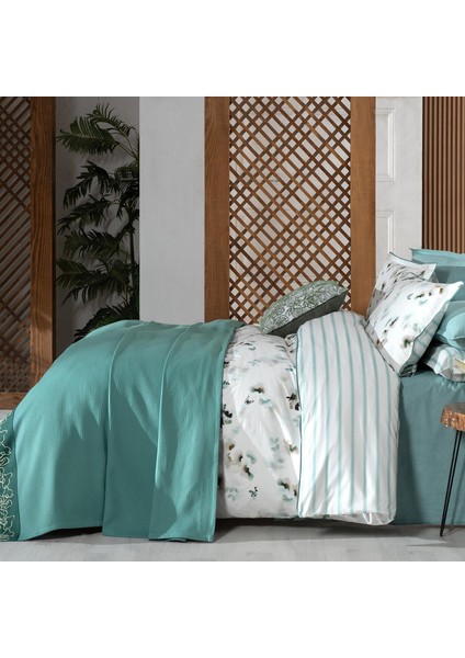 Eva Jadon Yeşil Çift Kişilik %100 Pamuk Nevresim Takımı ve Pike Seti