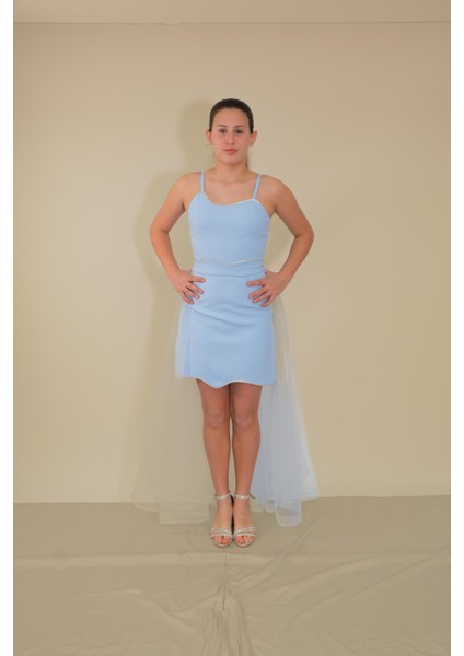 Kız Çocuk Abiye Krep Kumaş Bebe Mavi Mini Şerit Taşlı Askılı Çıkabilen Tül Kuyruklu Abiye Elbise 10-15 Yaş