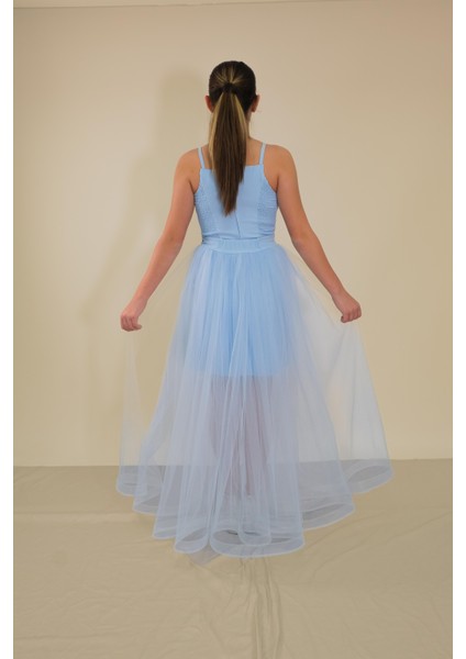 Kız Çocuk Abiye Krep Kumaş Bebe Mavi Mini Şerit Taşlı Askılı Çıkabilen Tül Kuyruklu Abiye Elbise 10-15 Yaş fırsatları