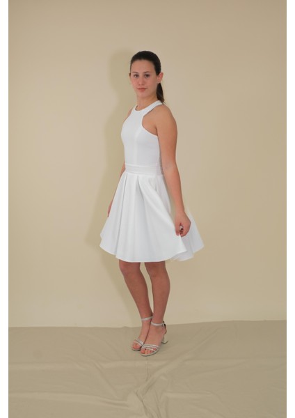 Kız Çocuk Abiye Krem Krep Kumaş Halter Yaka Sırt Fiyonk Şerit Taş Detaylı Abiye 10-15 Yaş fırsatları