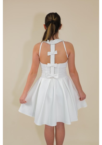 Kız Çocuk Abiye Krem Krep Kumaş Halter Yaka Sırt Fiyonk Şerit Taş Detaylı Abiye 10-15 Yaş indirimleri