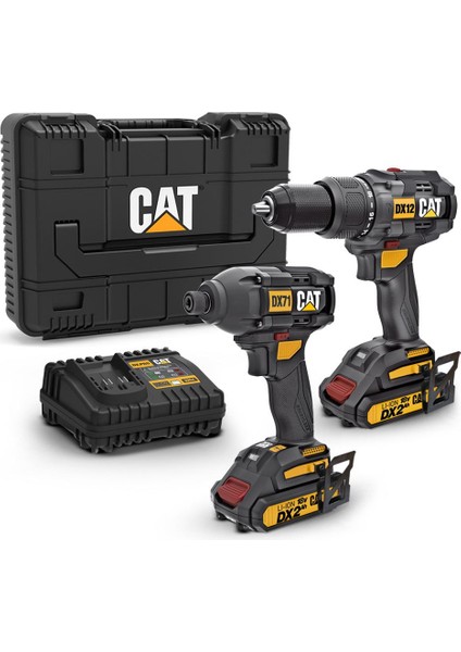 Cat DX12K 18VOLT/2.0AH Li-Ion Çift Akülü Kömürsüz Profesyonel Darbeli MATKAP+DX71 Kömürsüz Darbeli Tornavida Kombo Set