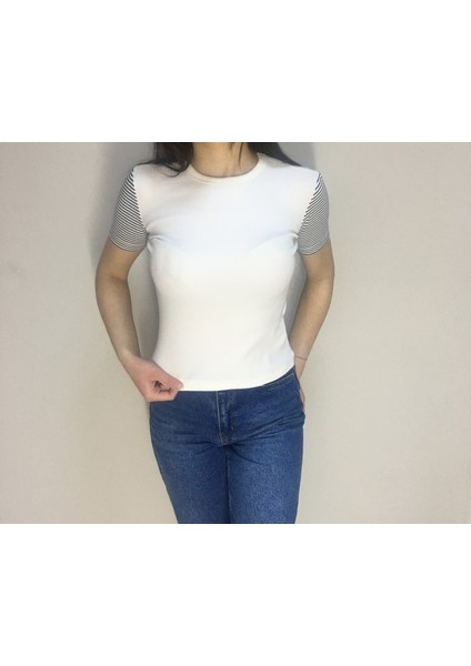 Işıl Tekstil Kadın Beyaz Kol Çizgili T-Shirt
