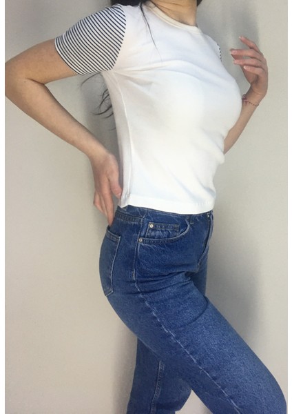 Işıl Tekstil Kadın Beyaz Kol Çizgili T-Shirt