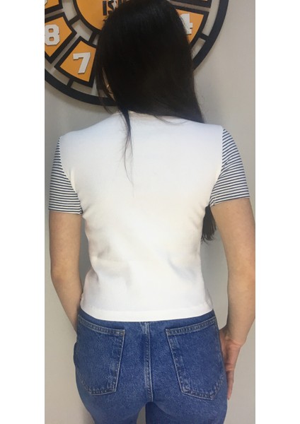 Işıl Tekstil Kadın Beyaz Kol Çizgili T-Shirt