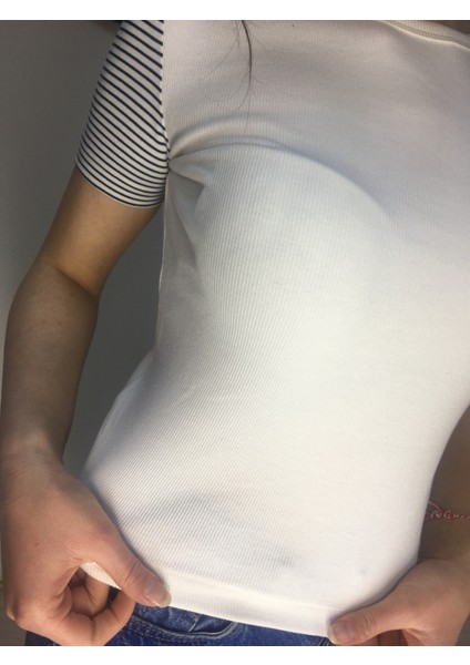 Işıl Tekstil Kadın Beyaz Kol Çizgili T-Shirt