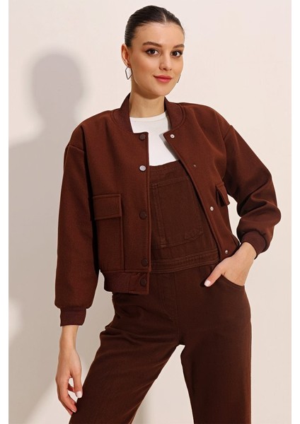 0688 Çift Cepli Bomber Ceket - Kahverengi