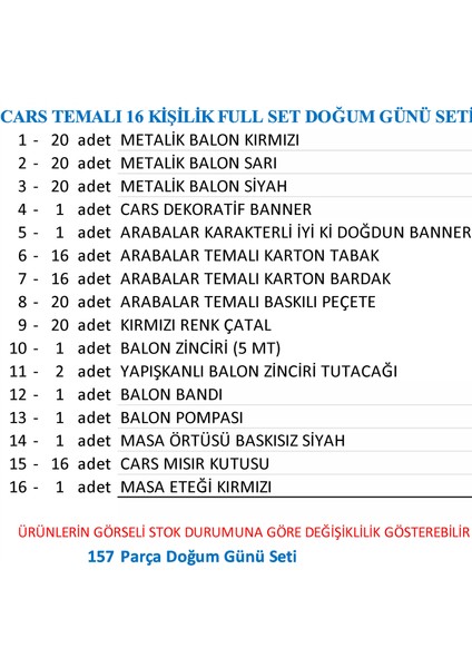 Cars Temalı 16 Kişilik Full Set Doğum Günü Seti fiyatları