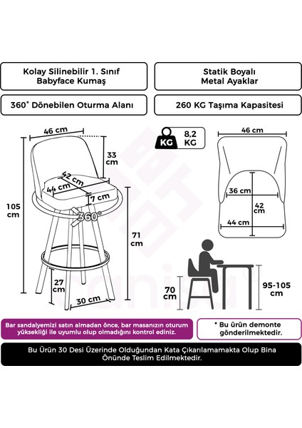 Concept Atex Serisi 360°C Döner Bar Sandalyesi Siyah Metal Ayaklı Babyface Kumaş 1 Adet Bar Sandalyesi