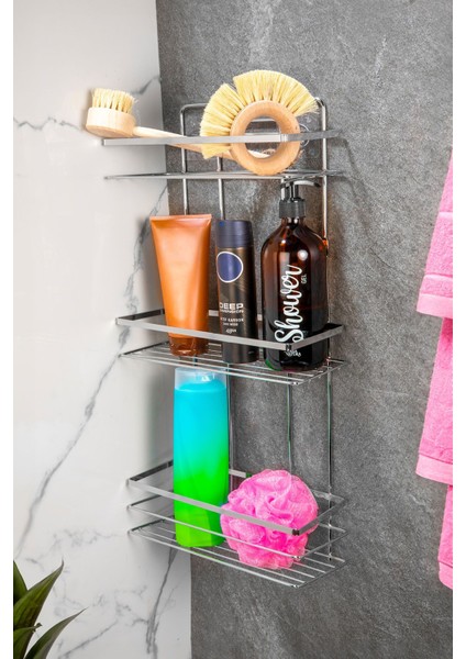 3 Katlı Banyo Düzenleyici Raf, Şampuanlık Yapışkanlı Paslanmaz