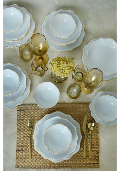 Beyaz Gold Fileli Romeo Yemek Takımı 24 Parça 6 Kişilik