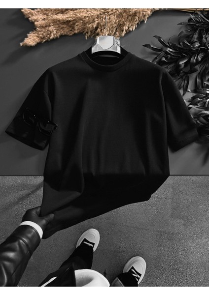 Erkek Long Fit Dokulu Basic T-Shirt Siyah