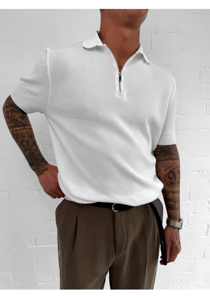 Erkek Yarım Fermuarlı Polo Yaka Triko T-Shirt Beyaz
