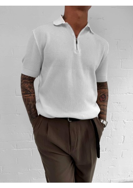 Erkek Yarım Fermuarlı Polo Yaka Triko T-Shirt Beyaz modelleri