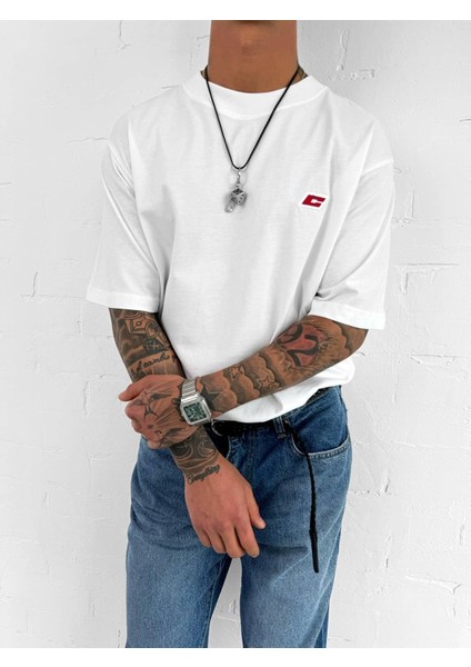 Erkek Oversize Nakışlı T-Shirt Beyaz
