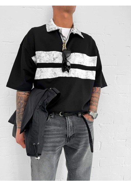 Erkek Polo Yaka Yıkamalı Şeritli Oversize T-Shirt Siyah