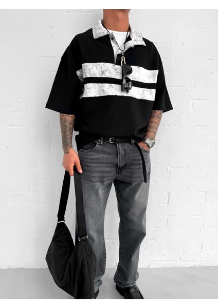 Erkek Polo Yaka Yıkamalı Şeritli Oversize T-Shirt Siyah