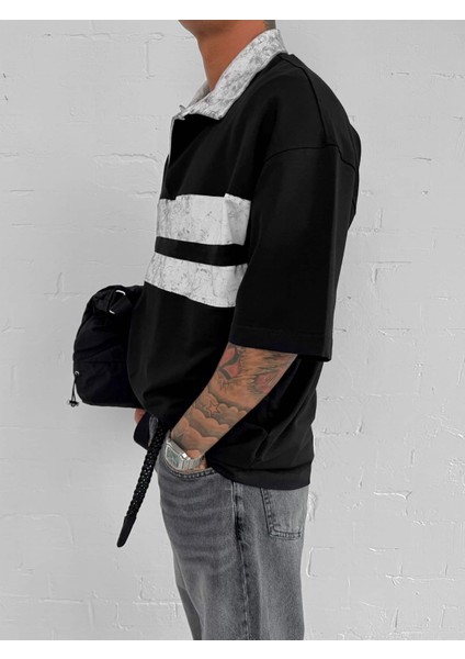 Erkek Polo Yaka Yıkamalı Şeritli Oversize T-Shirt Siyah
