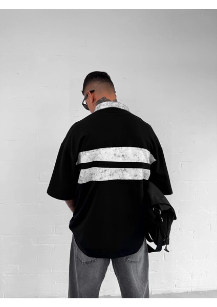 Erkek Polo Yaka Yıkamalı Şeritli Oversize T-Shirt Siyah