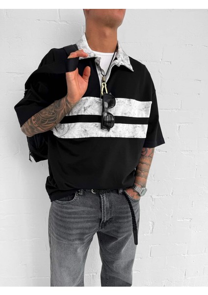 Erkek Polo Yaka Yıkamalı Şeritli Oversize T-Shirt Siyah