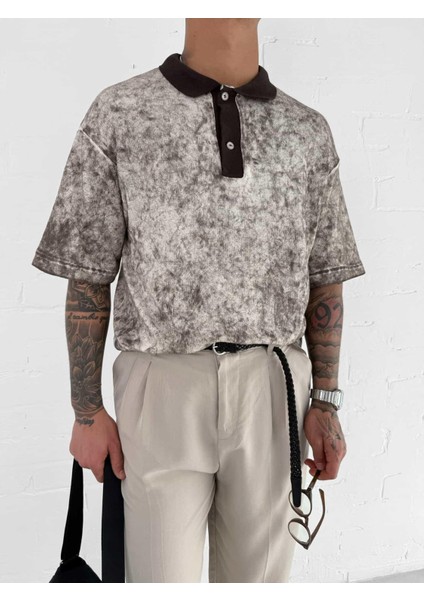 Erkek Düğmeli Polo Yaka Desenli Oversize Triko T-Shirt Kahverengi