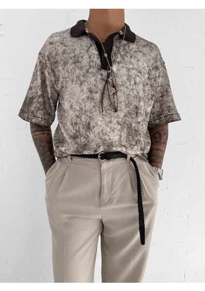 Erkek Düğmeli Polo Yaka Desenli Oversize Triko T-Shirt Kahverengi modelleri