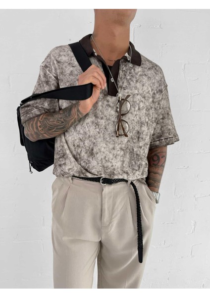 Erkek Düğmeli Polo Yaka Desenli Oversize Triko T-Shirt Kahverengi fırsatları