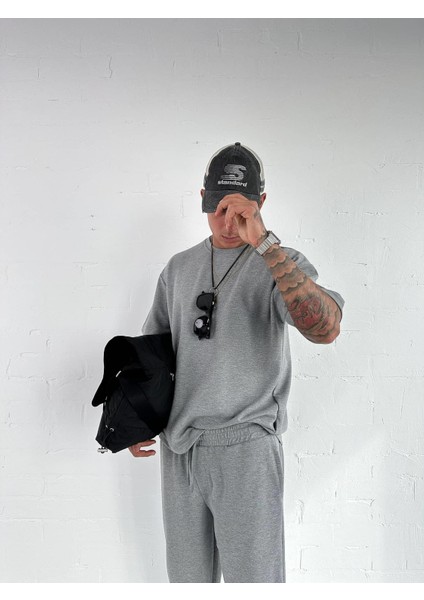 Erkek Oversize Basic Rahat T-Shirt Gri Melanj