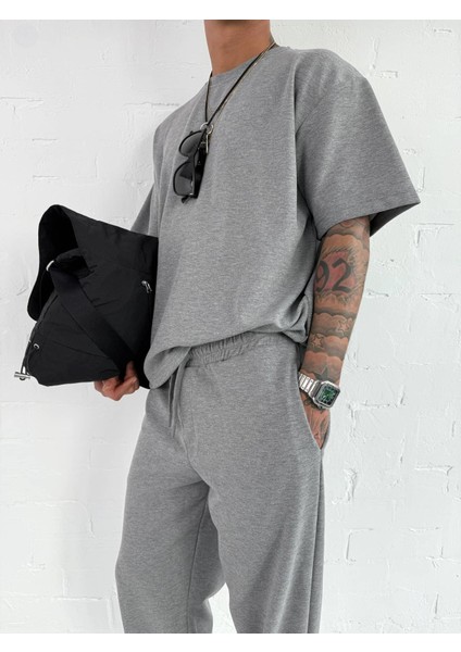 Erkek Oversize Basic Rahat T-Shirt Gri Melanj