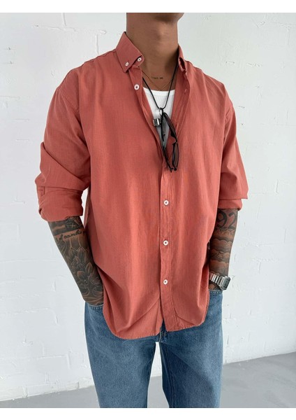 Erkek Relax Fit Rahat Kesim Ince Gömlek Kiremit