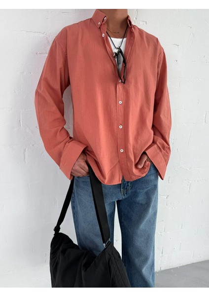 Erkek Relax Fit Rahat Kesim Ince Gömlek Kiremit fırsatları