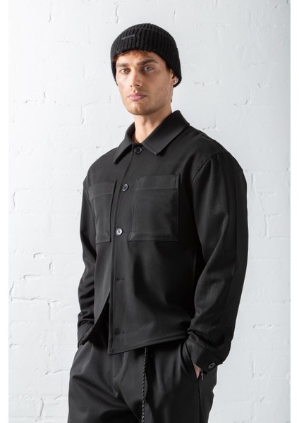 Erkek Boxy Fit Önü Cepli Ince Ceket Siyah