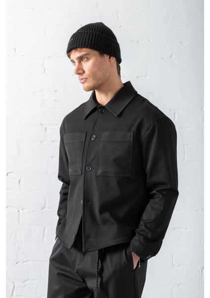 Erkek Boxy Fit Önü Cepli Ince Ceket Siyah indirimleri