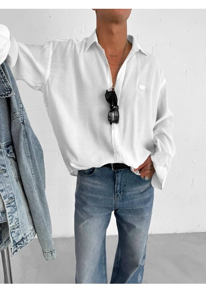Erkek Uzun Kollu Rahat Kesim Oversize Ince Gömlek Beyaz modelleri