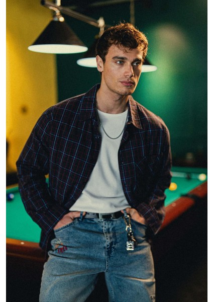 Erkek Oversize Ekose Baskılı Gömlek Antrasit