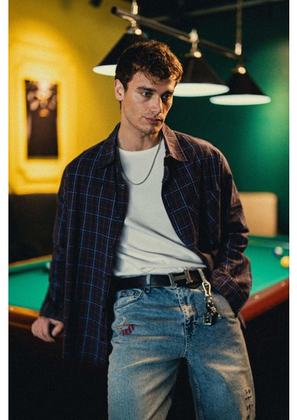 Erkek Oversize Ekose Baskılı Gömlek Antrasit modelleri