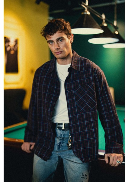 Erkek Oversize Ekose Baskılı Gömlek Antrasit indirimleri