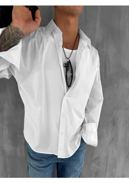 Erkek Oversize Uzun Kollu Basic Gömlek Beyaz