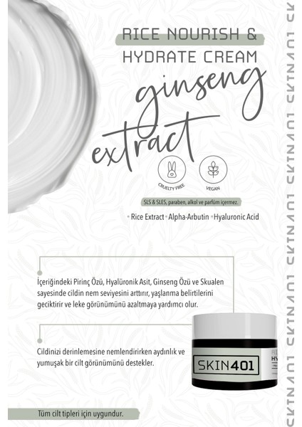 Nemlendirici Krem Pirinç Özü Hyalüronik Asit ve Ginseng İçerikli Vegan 50 ml Tüm Cilt Tipleri modelleri