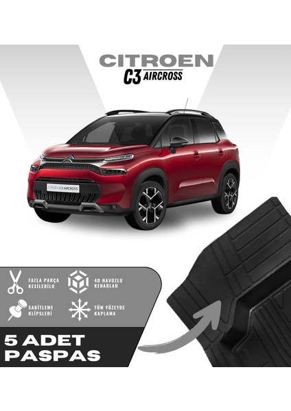 Citroen C3 Aircross 5'li Paspas Seti Yüksek Kalite Kesilebilir Universal Oto Paspas